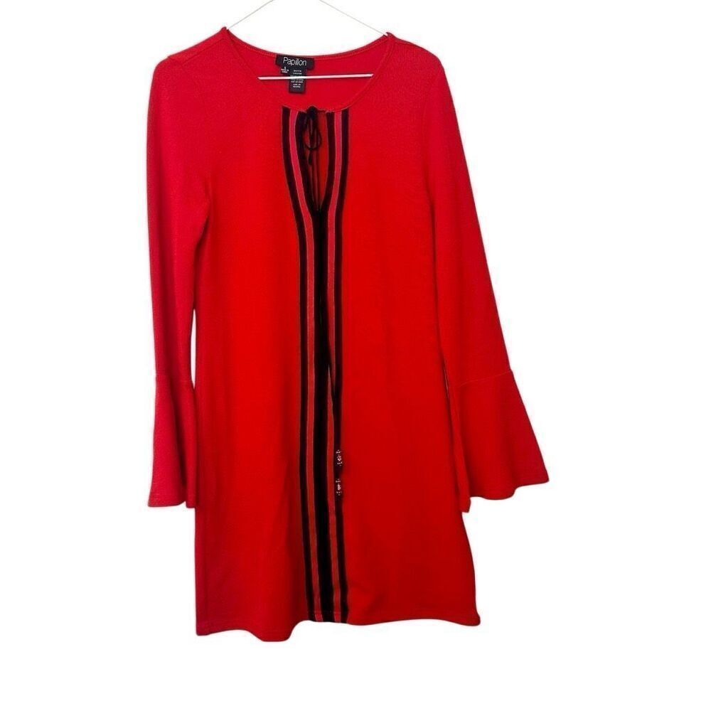 Papillon Keyhole Tie Detail Contrast Trim Bell Sleeve Tunic Dress Red Small